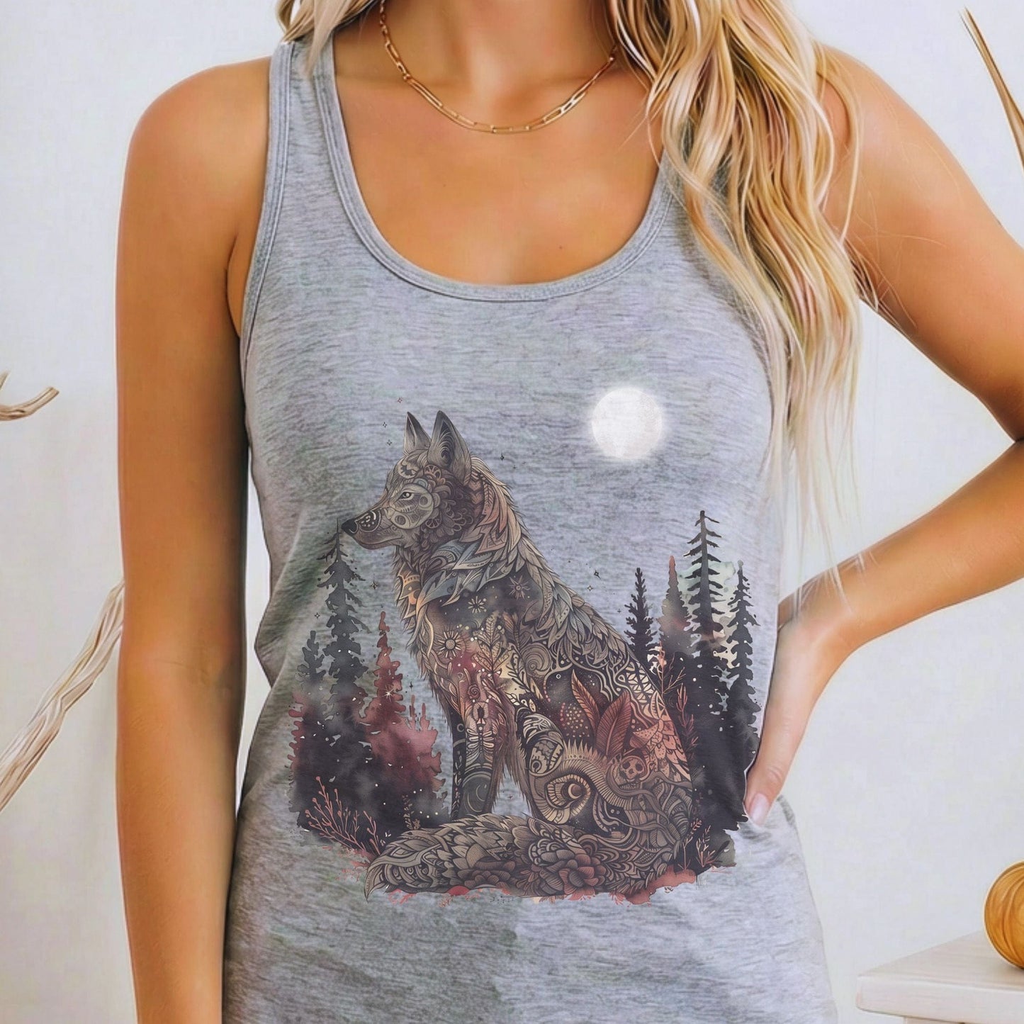 Tank Tops Heather Grey / XS Mystical Forest Wolf Under Moonlight Women's Lightweight Tank Top The Mystic Eden