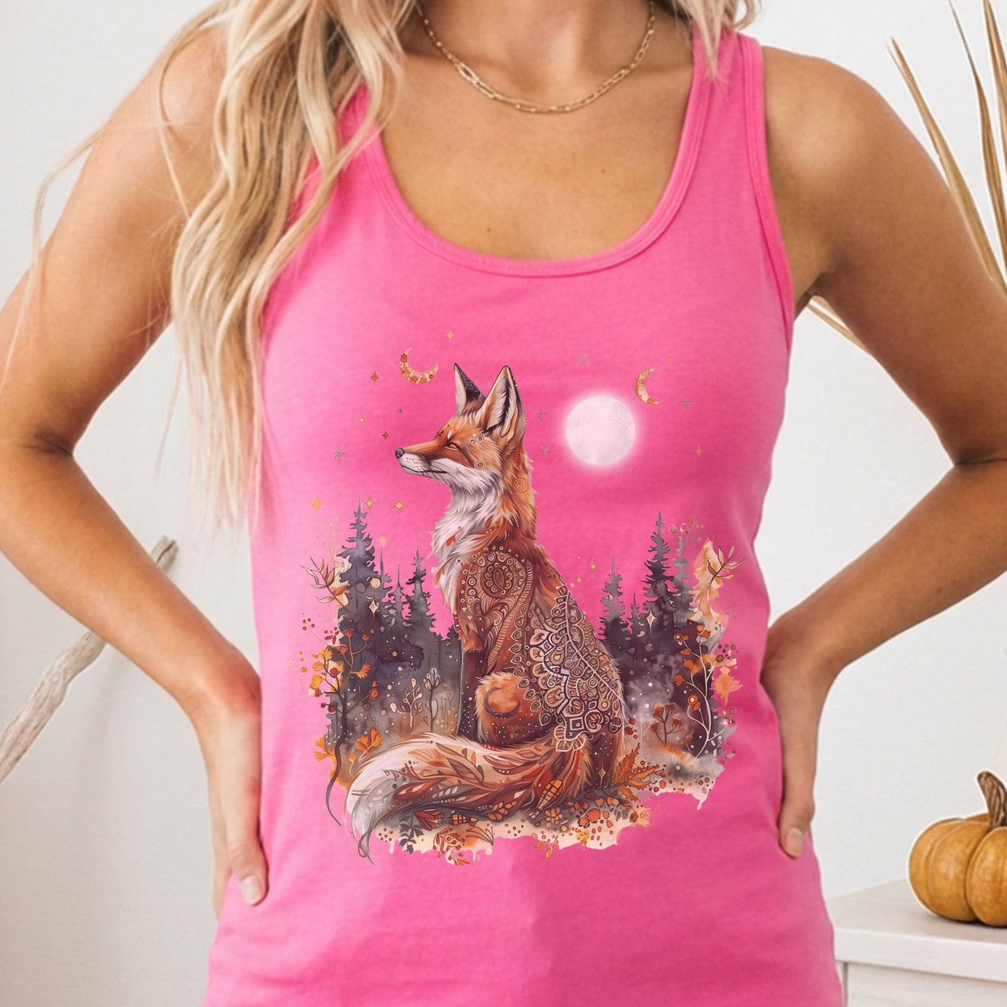Tank Tops Solid Hot Pink / XS I don't see any text in the design.

Mystical Fox Night Scene Women's Lightweight Tank Top The Mystic Eden