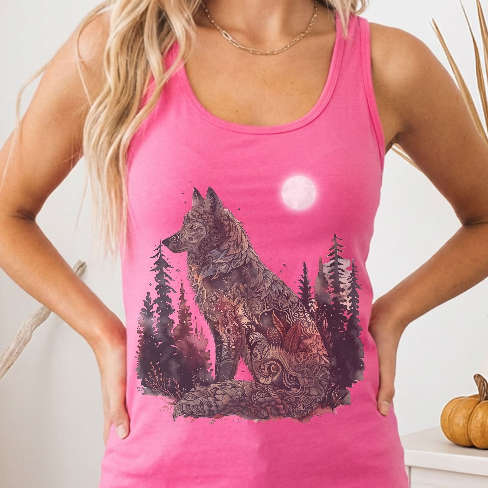 Tank Tops Solid Hot Pink / XS Mystical Forest Wolf Under Moonlight Women's Lightweight Tank Top The Mystic Eden