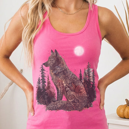 Tank Tops Solid Hot Pink / XS Mystical Forest Wolf Under Moonlight Women's Lightweight Tank Top The Mystic Eden