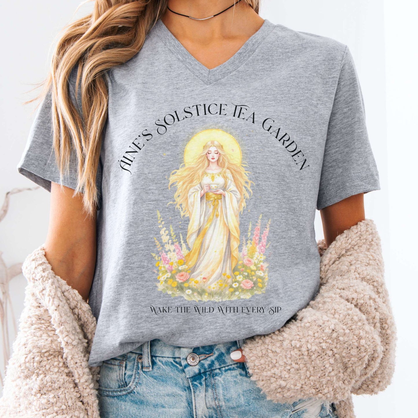 V-neck Athletic Heather / S Áine’s Solstice Tea Garden Celtic Goddess V-neck The Mystic Eden