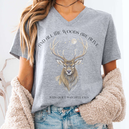 V-neck Athletic Heather / S All the Woods Are Alive With Watchful Eyes Walter de la Mare V-Neck The Mystic Eden