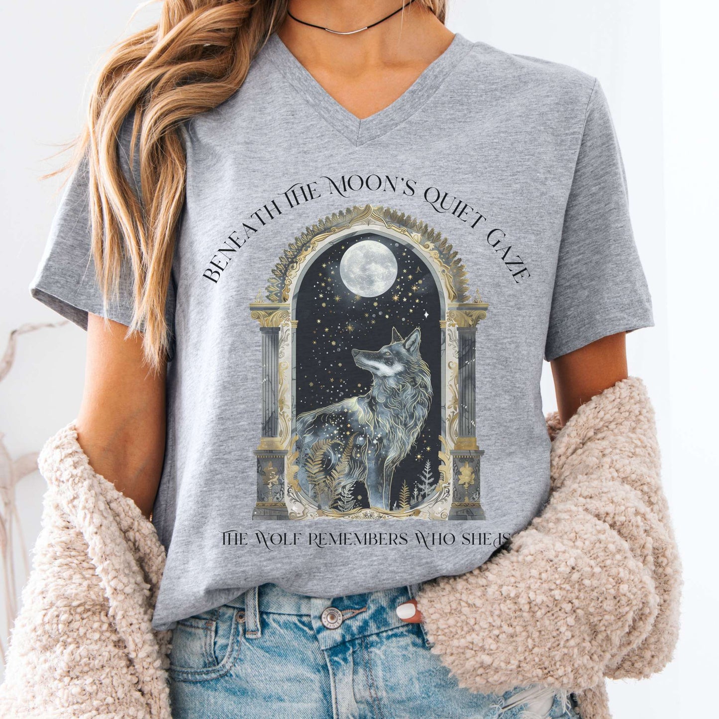 V-neck Athletic Heather / S Beneath The Moon The Wolf Remembers Who She Is V-Neck The Mystic Eden