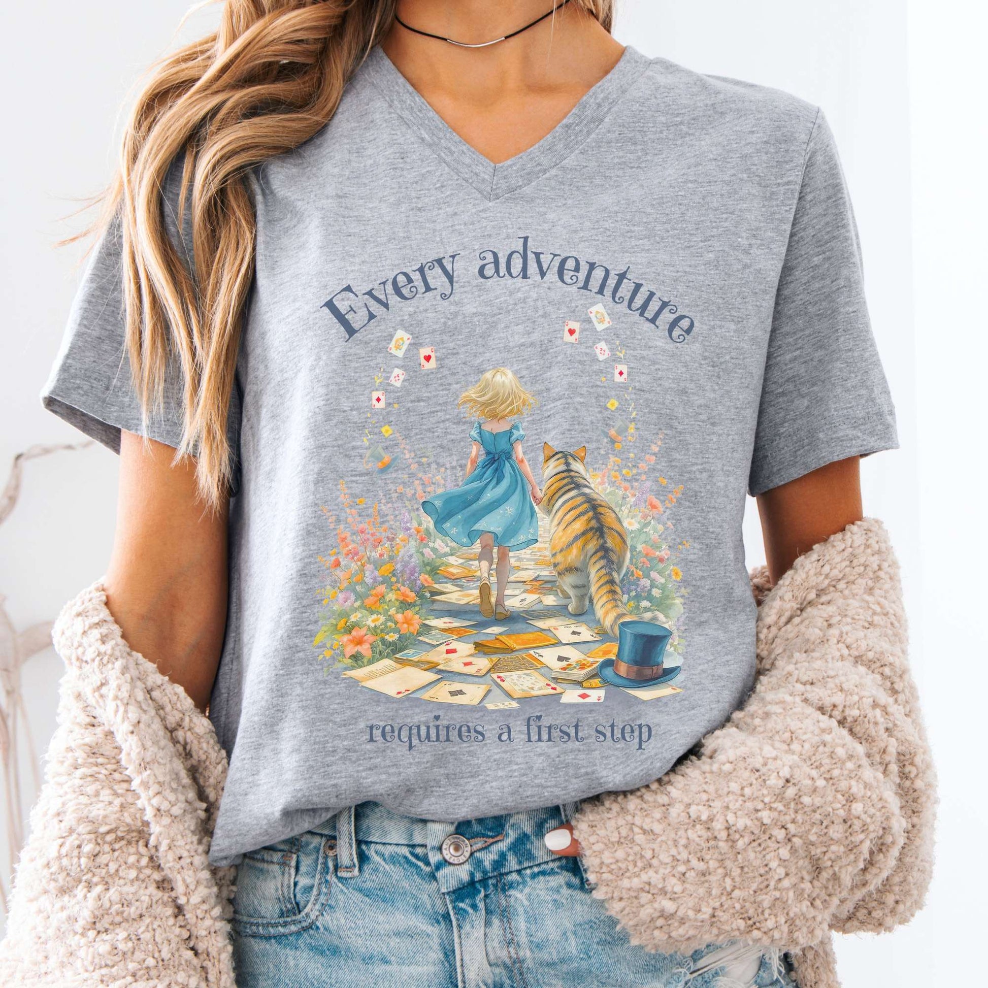 V-neck Athletic Heather / S Every Adventure Requires a First Step Alice V-neck The Mystic Eden