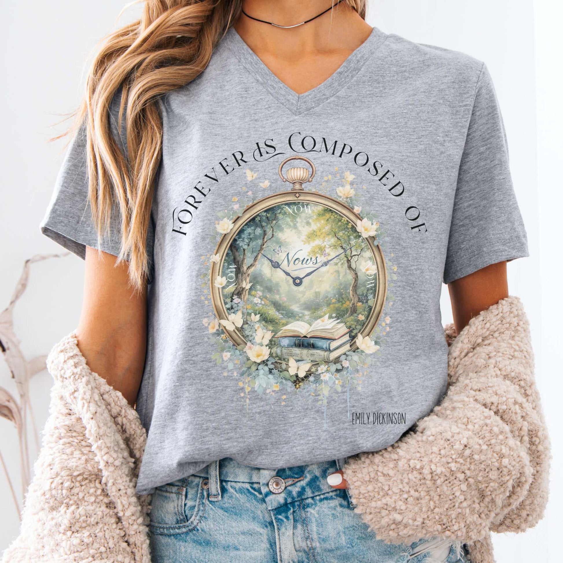 V-neck Athletic Heather / S Forever Is Composed of Nows Emily Dickinson V-neck The Mystic Eden