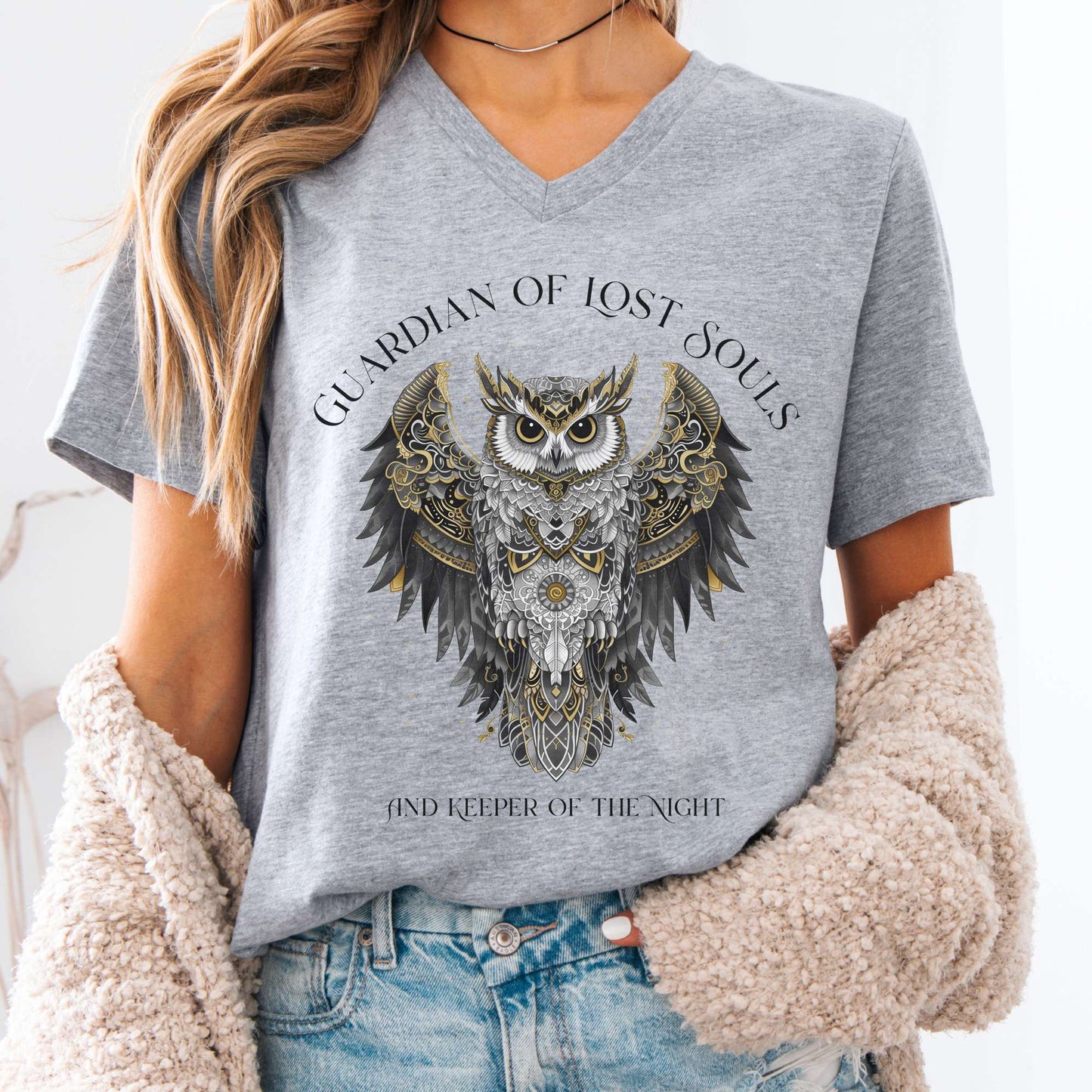 V-neck Athletic Heather / S Guardian of Lost Souls Mythic Owl V-Neck The Mystic Eden
