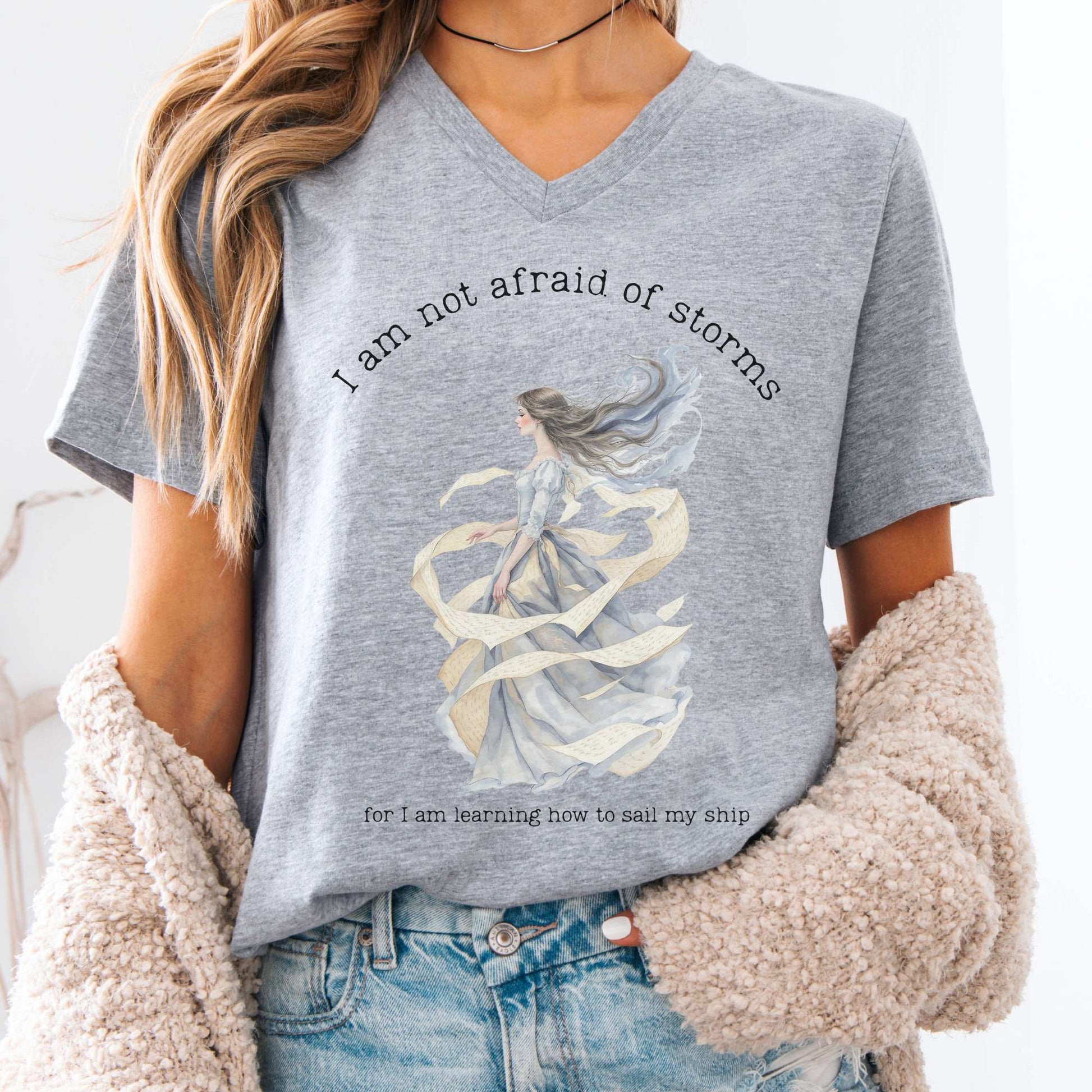 V-neck Athletic Heather / S I Am Not Afraid of Storms Little Women V-Neck The Mystic Eden