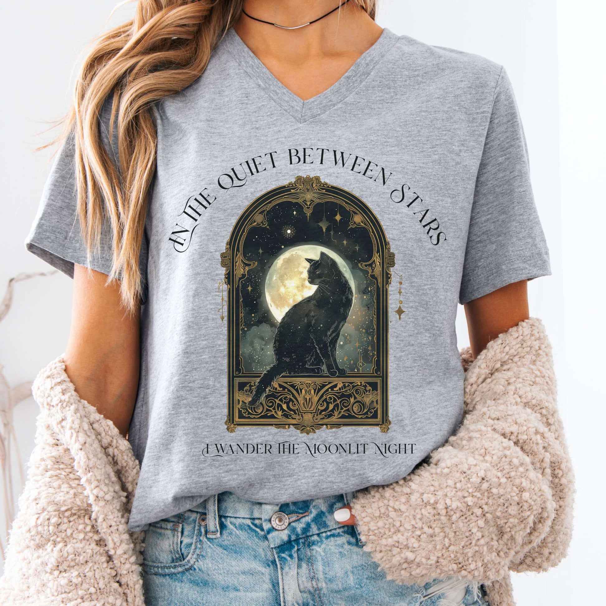 V-neck Athletic Heather / S In the Quiet Between Stars Moonlit Cat V-Neck The Mystic Eden