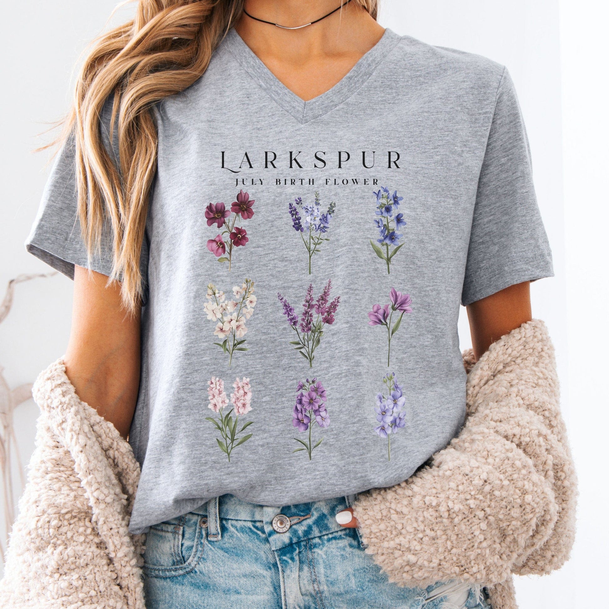V-neck Athletic Heather / S Larkspur July Birth Month Flower V-Neck Tee The Mystic Eden