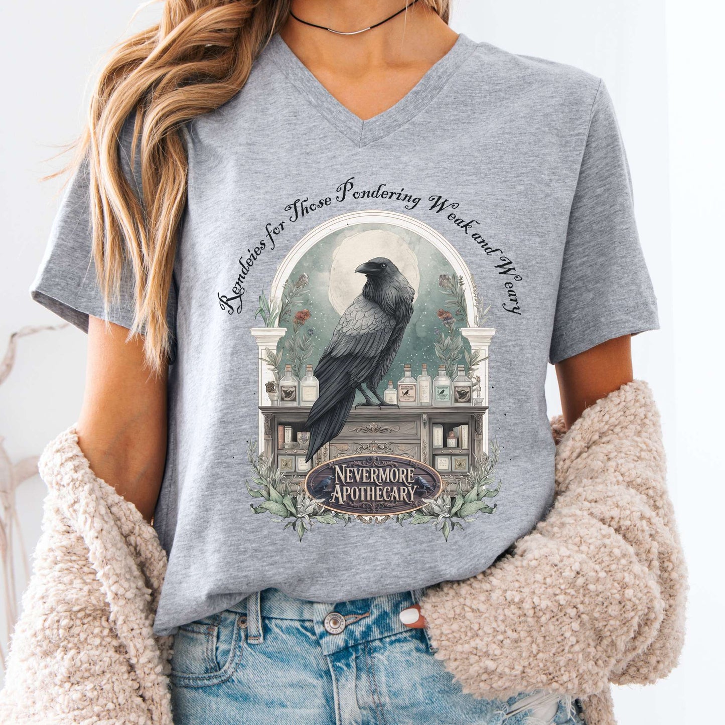 V-neck Athletic Heather / S Nevermore Apothecary Edgar Allan Poe V-neck The Mystic Eden