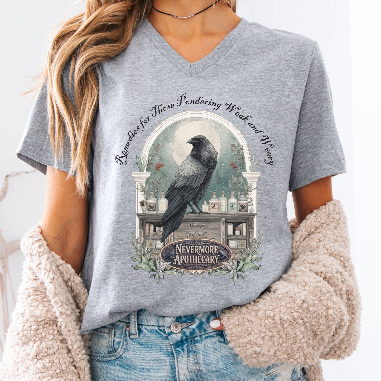 V-neck Athletic Heather / S Nevermore Apothecary Edgar Allan Poe V-neck The Mystic Eden