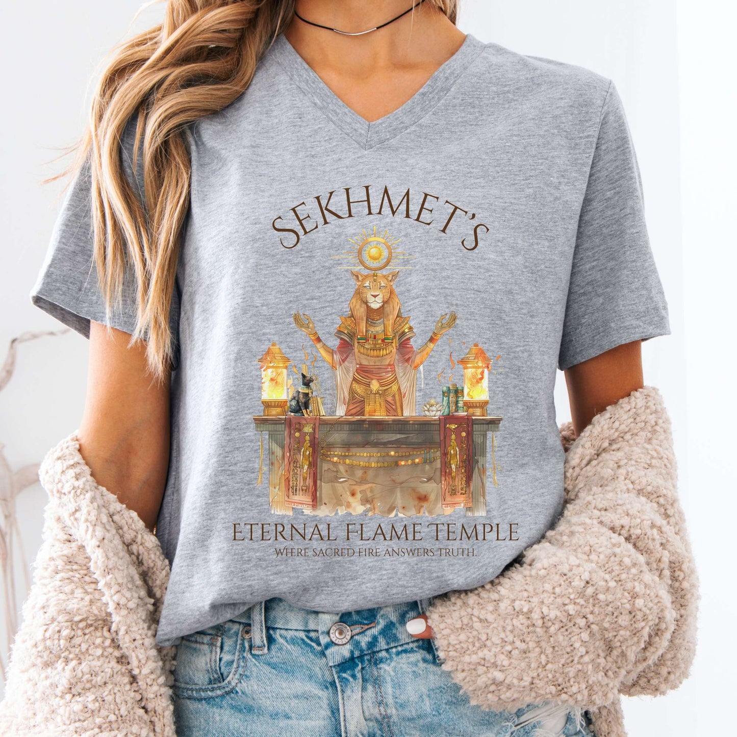 V-neck Athletic Heather / S Sekhmet's Eternal Flame Temple Egyptian Mythology V-Neck The Mystic Eden