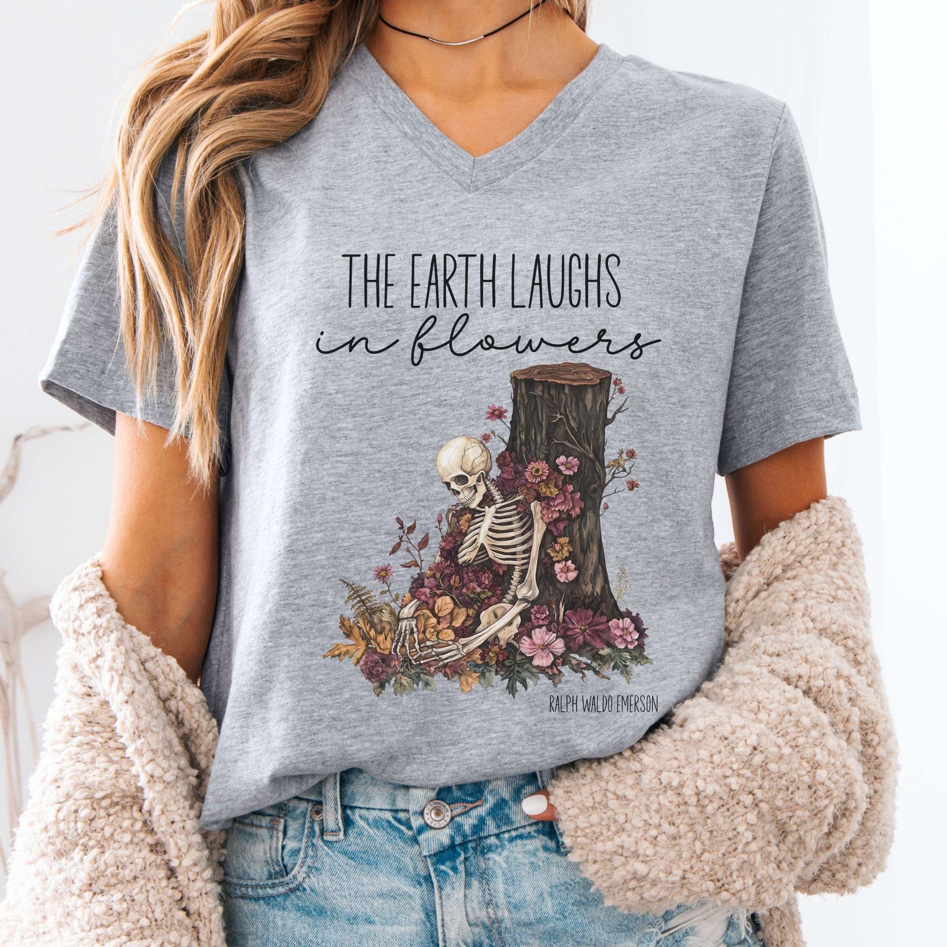 V-neck Athletic Heather / S The Earth Laughs in Flowers Ralph Waldo Emerson V-neck The Mystic Eden