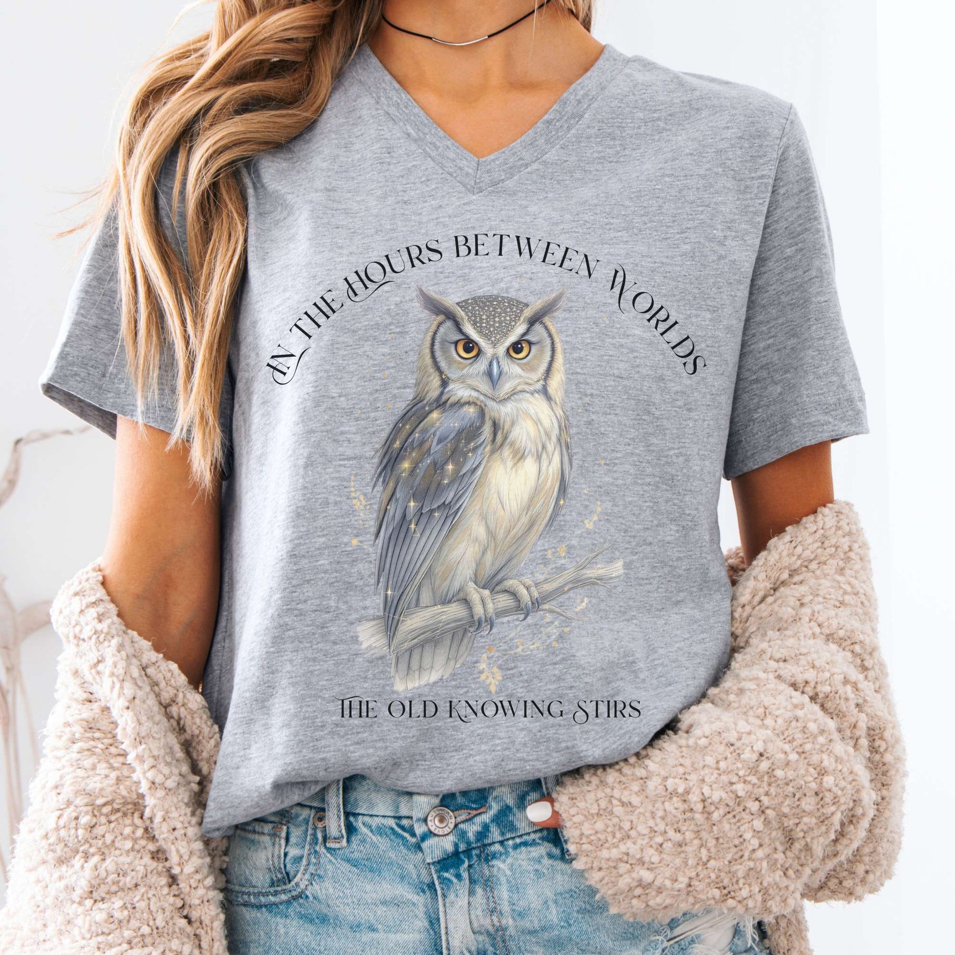 V-neck Athletic Heather / S The Old Knowing Stirs Mystical Owl V-Neck The Mystic Eden
