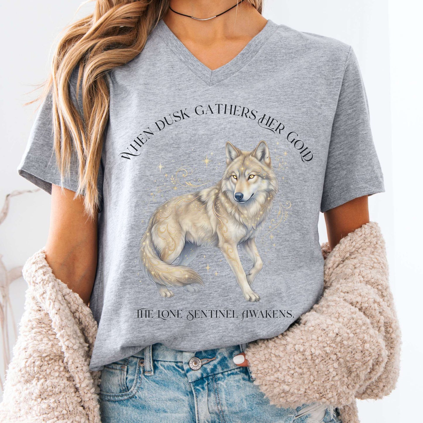 V-neck Athletic Heather / S When Dusk Gathers Her Gold Mystical Wolf V-Neck The Mystic Eden