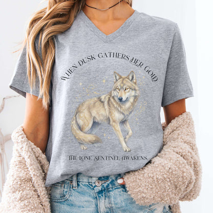 V-neck Athletic Heather / S When Dusk Gathers Her Gold Mystical Wolf V-Neck The Mystic Eden