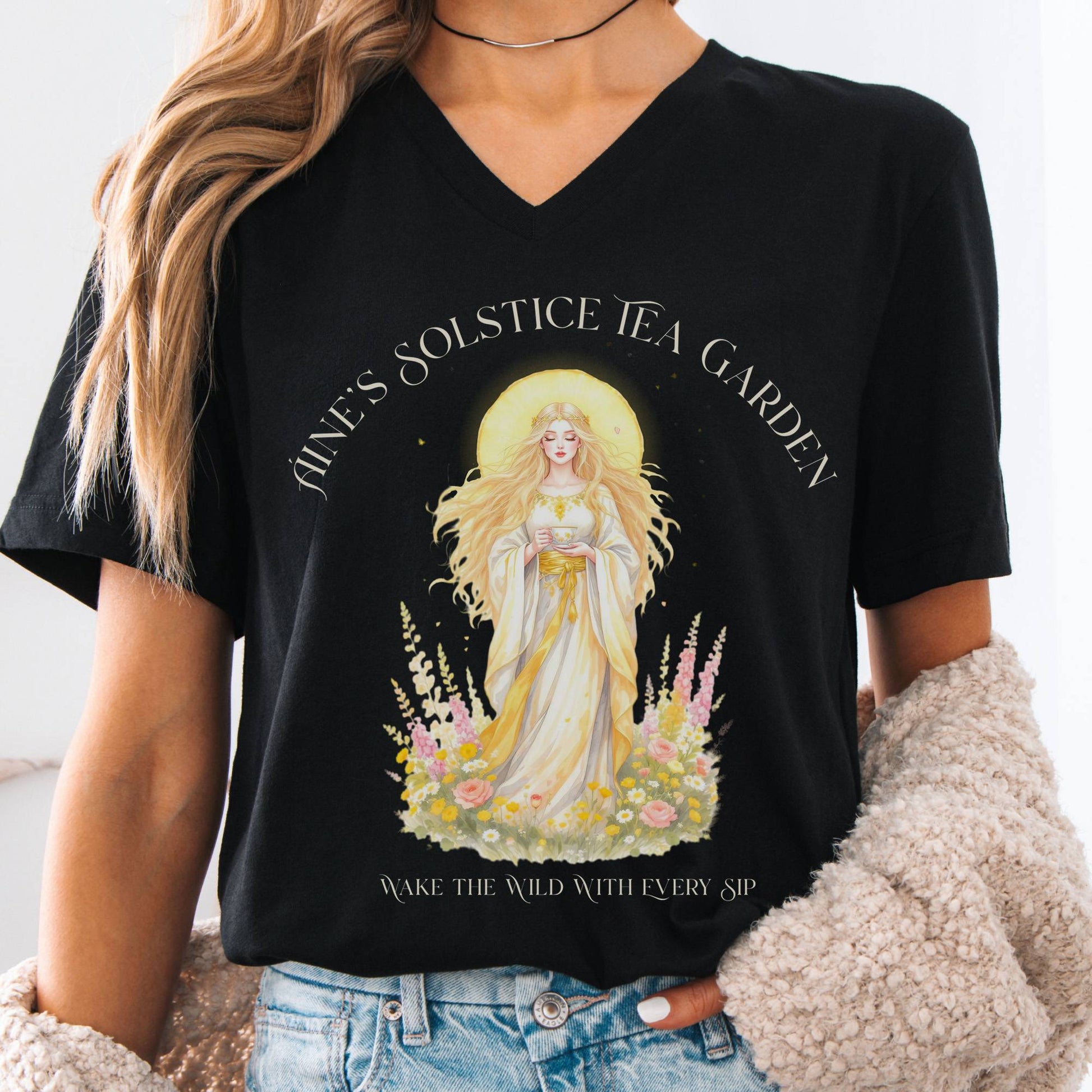 V-neck Black / S Áine’s Solstice Tea Garden Celtic Goddess V-neck The Mystic Eden