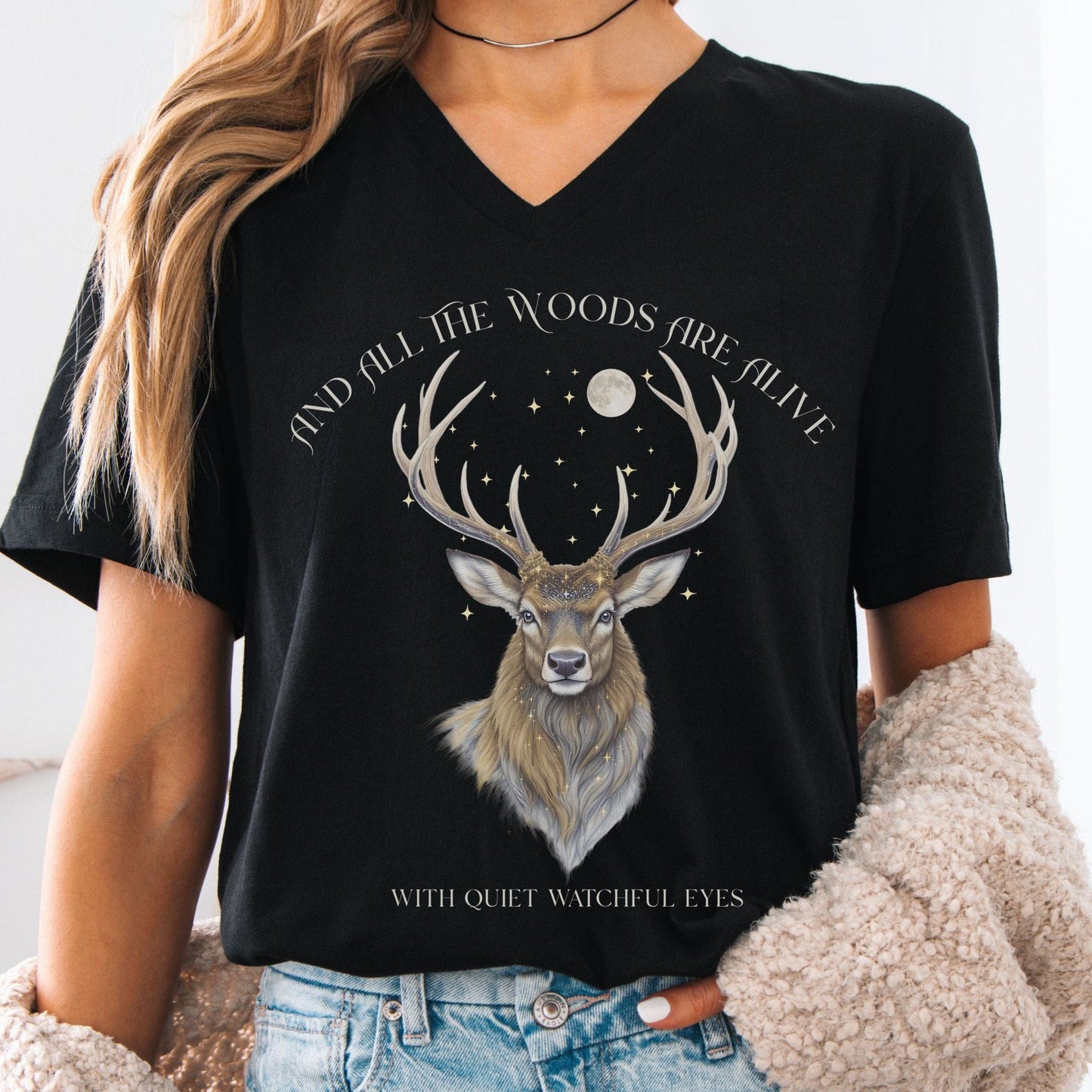 V-neck Black / S All the Woods Are Alive With Watchful Eyes Walter de la Mare V-Neck The Mystic Eden