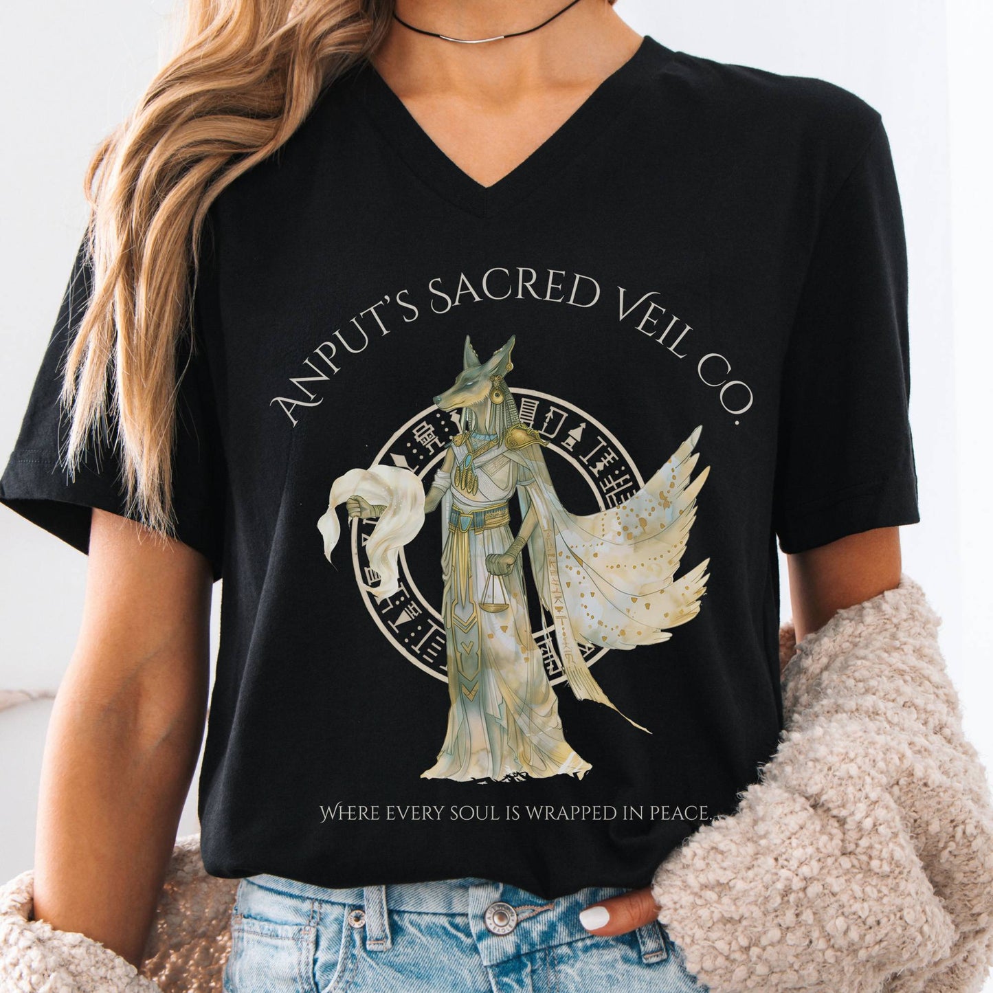 V-neck Black / S Anput's Sacred Veil Co Egyptian Mythology V-Neck The Mystic Eden