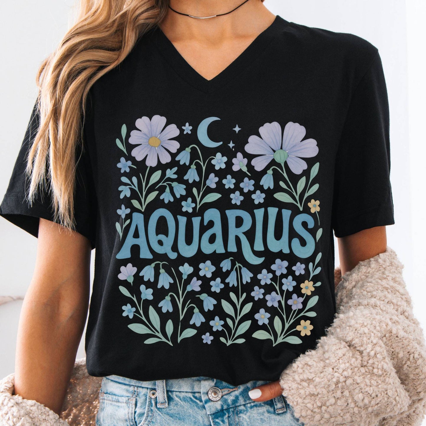 V-neck Black / S Aquarius V-Neck T-Shirt – Retro Zodiac Floral Tee The Mystic Eden