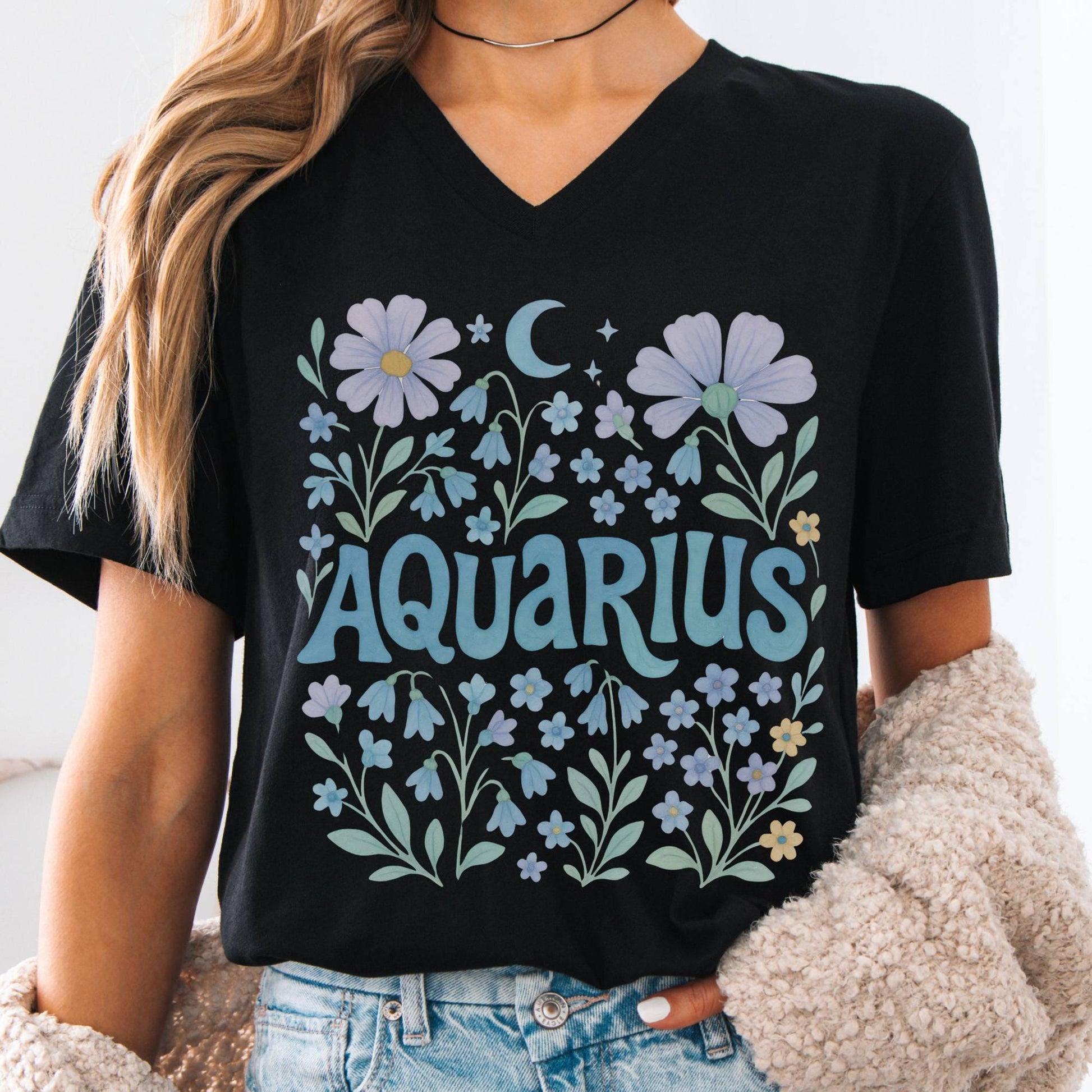 V-neck Black / S Aquarius V-Neck T-Shirt – Retro Zodiac Floral Tee The Mystic Eden