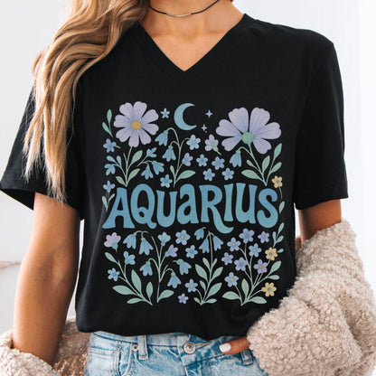 V-neck Black / S Aquarius V-Neck T-Shirt – Retro Zodiac Floral Tee The Mystic Eden