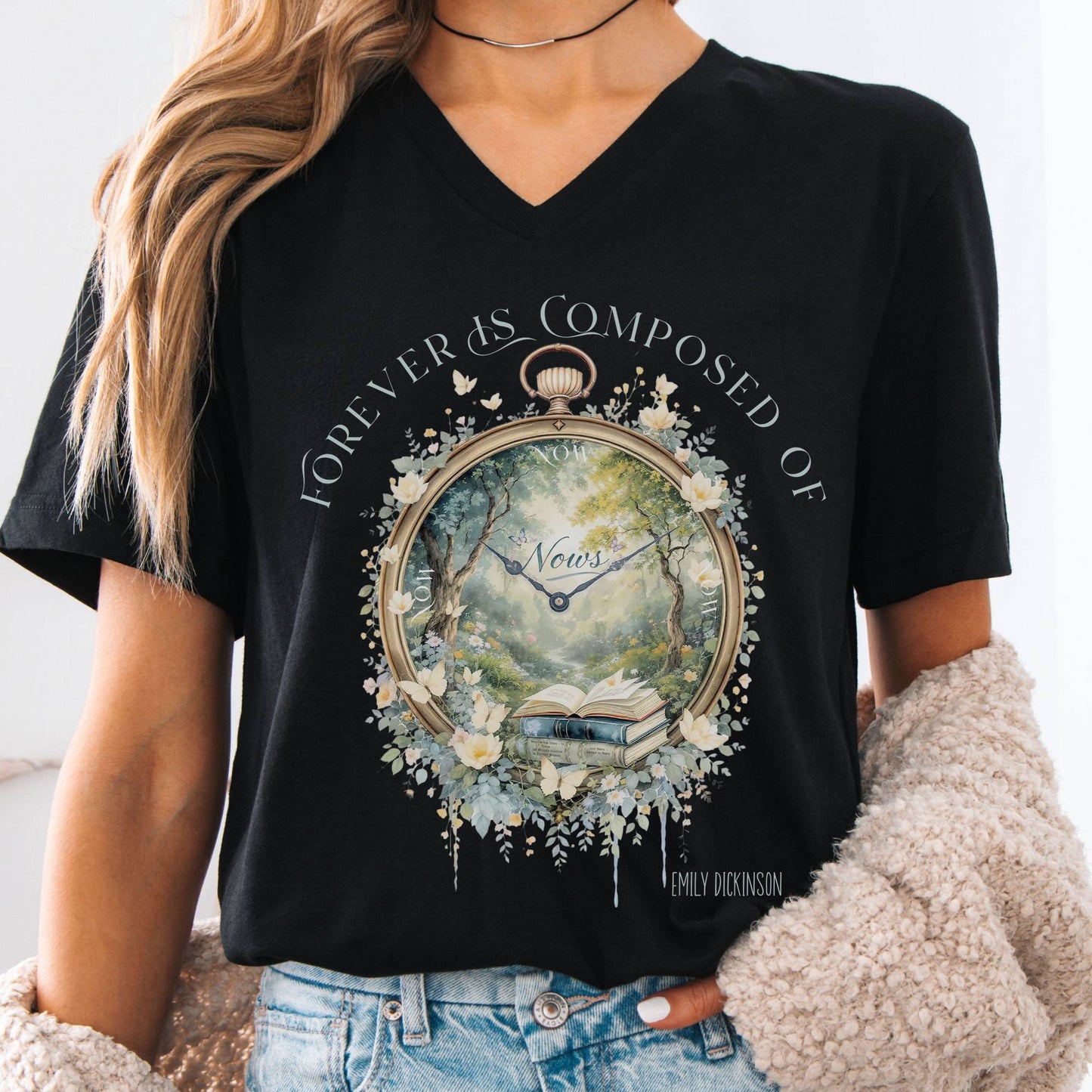 V-neck Black / S Forever Is Composed of Nows Emily Dickinson V-neck The Mystic Eden