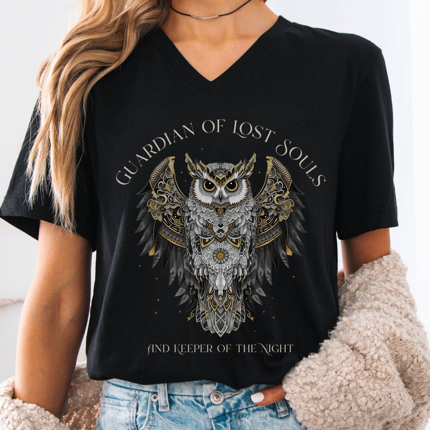 V-neck Black / S Guardian of Lost Souls Mythic Owl V-Neck The Mystic Eden