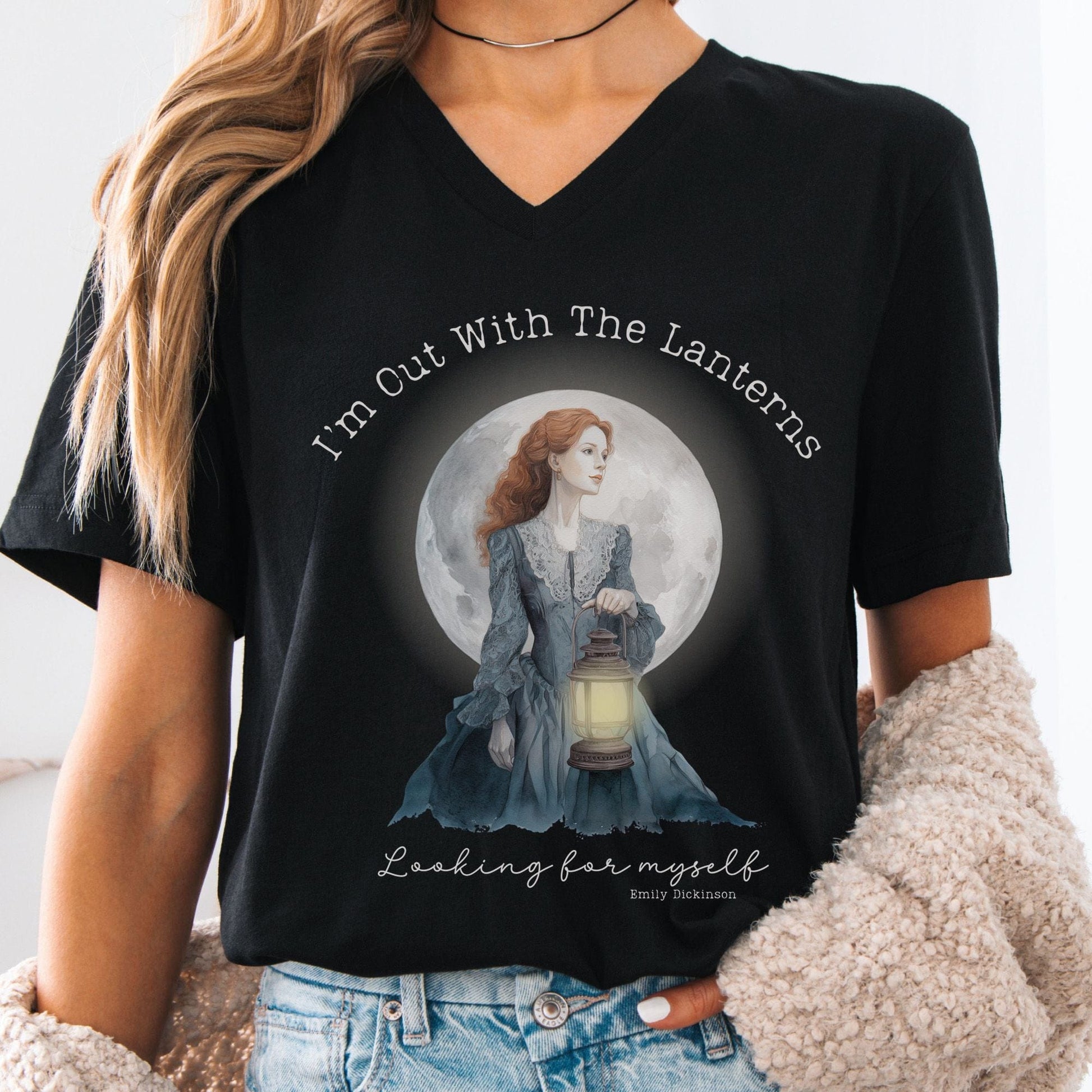 V-neck Black / S I'm Out With The Lanterns Looking For Myself Emily Dickinson V-neck The Mystic Eden