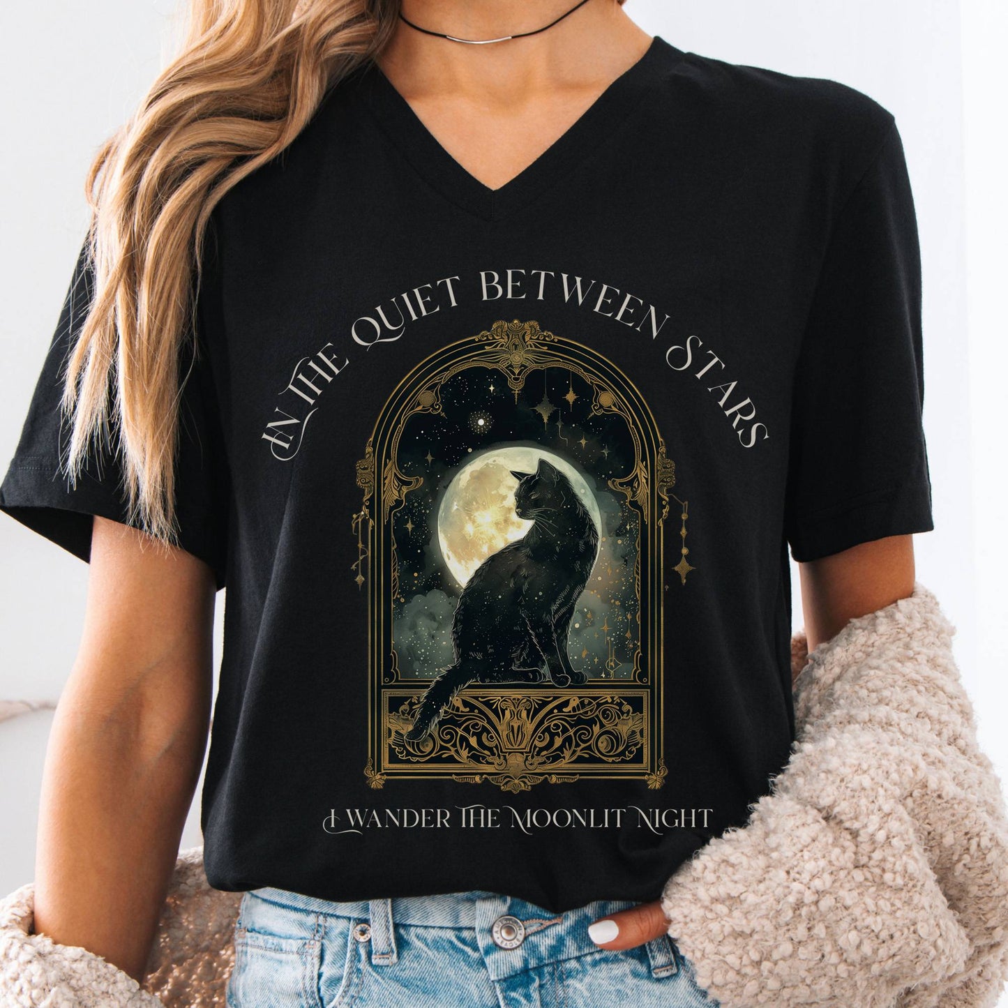 V-neck Black / S In the Quiet Between Stars Moonlit Cat V-Neck The Mystic Eden