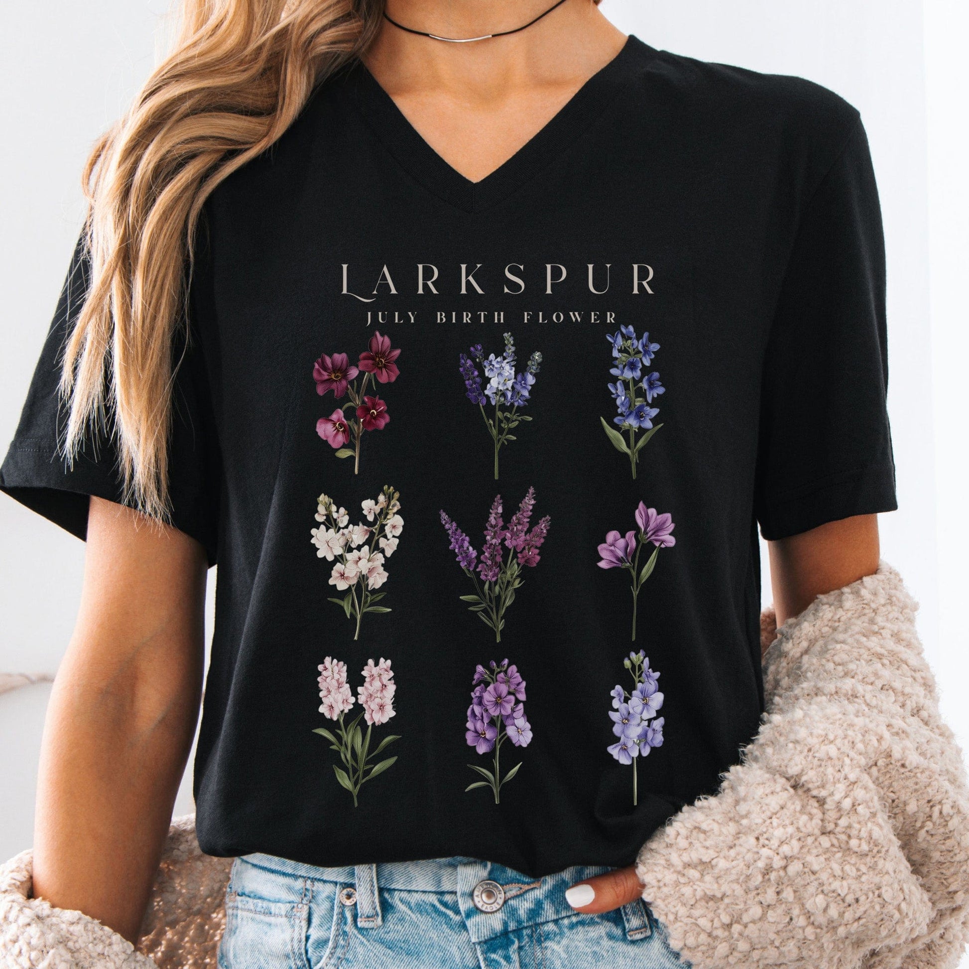V-neck Black / S Larkspur July Birth Month Flower V-Neck Tee The Mystic Eden