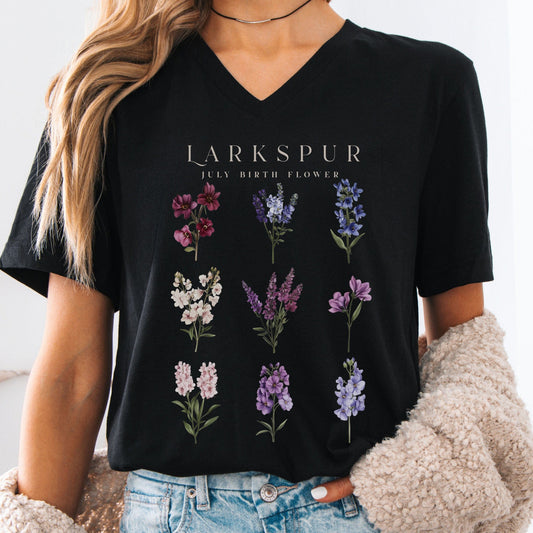 V-neck Black / S Larkspur July Birth Month Flower V-Neck Tee The Mystic Eden