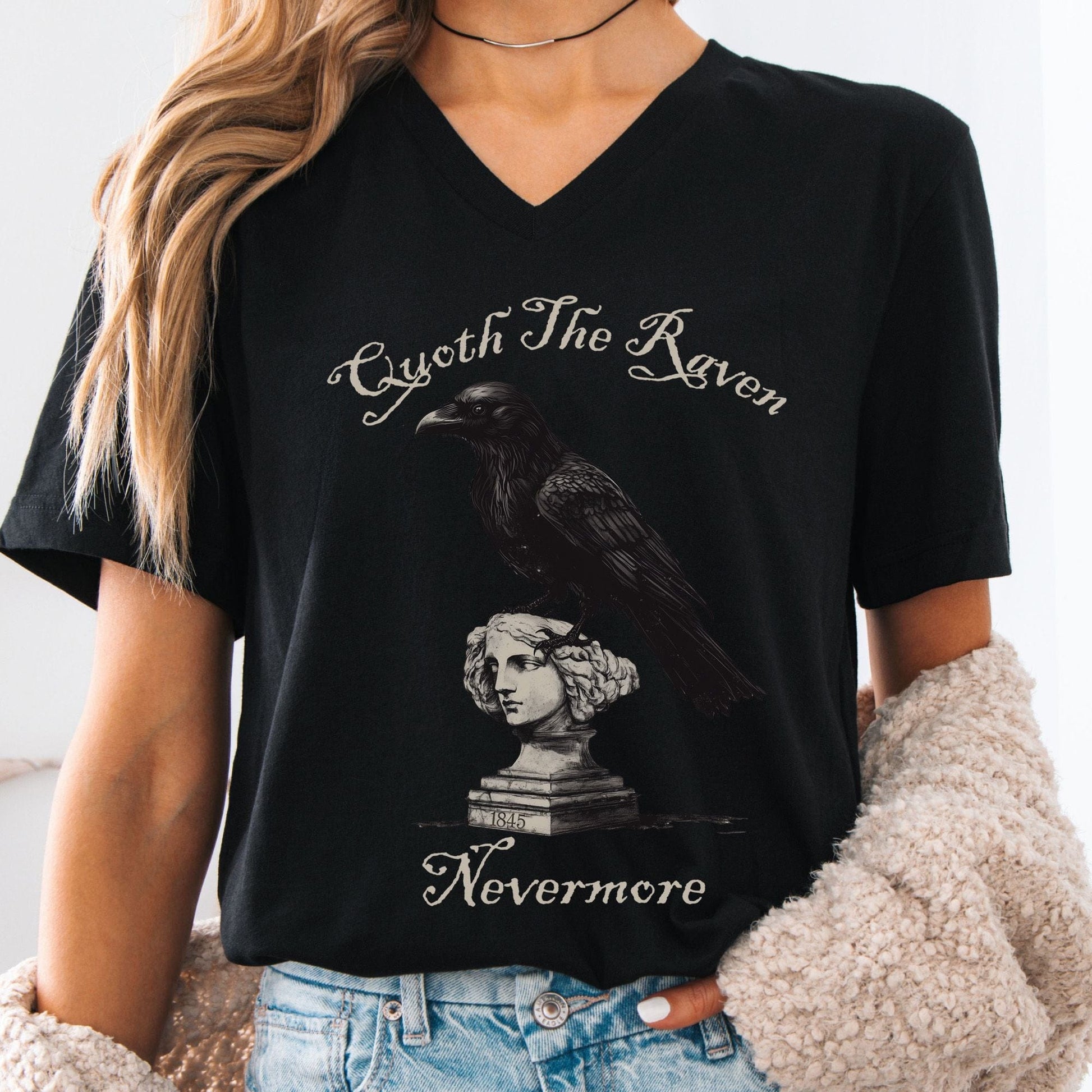 V-neck Black / S Quoth the Raven Nevermore Edgar Allan Poe V-neck The Mystic Eden