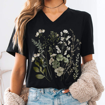 V-neck Black / S Sage and White Wildflower  V-neck The Mystic Eden