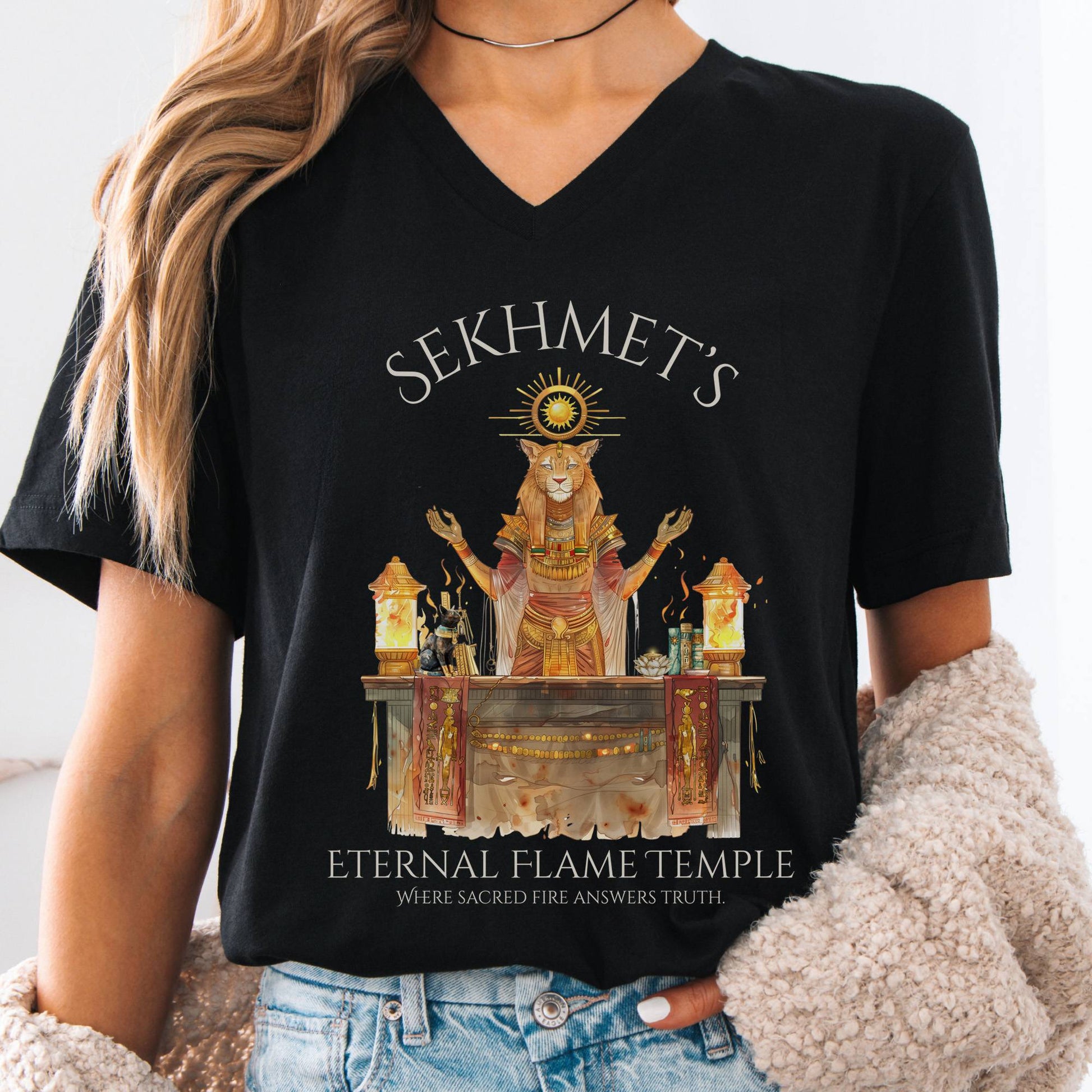 V-neck Black / S Sekhmet's Eternal Flame Temple Egyptian Mythology V-Neck The Mystic Eden