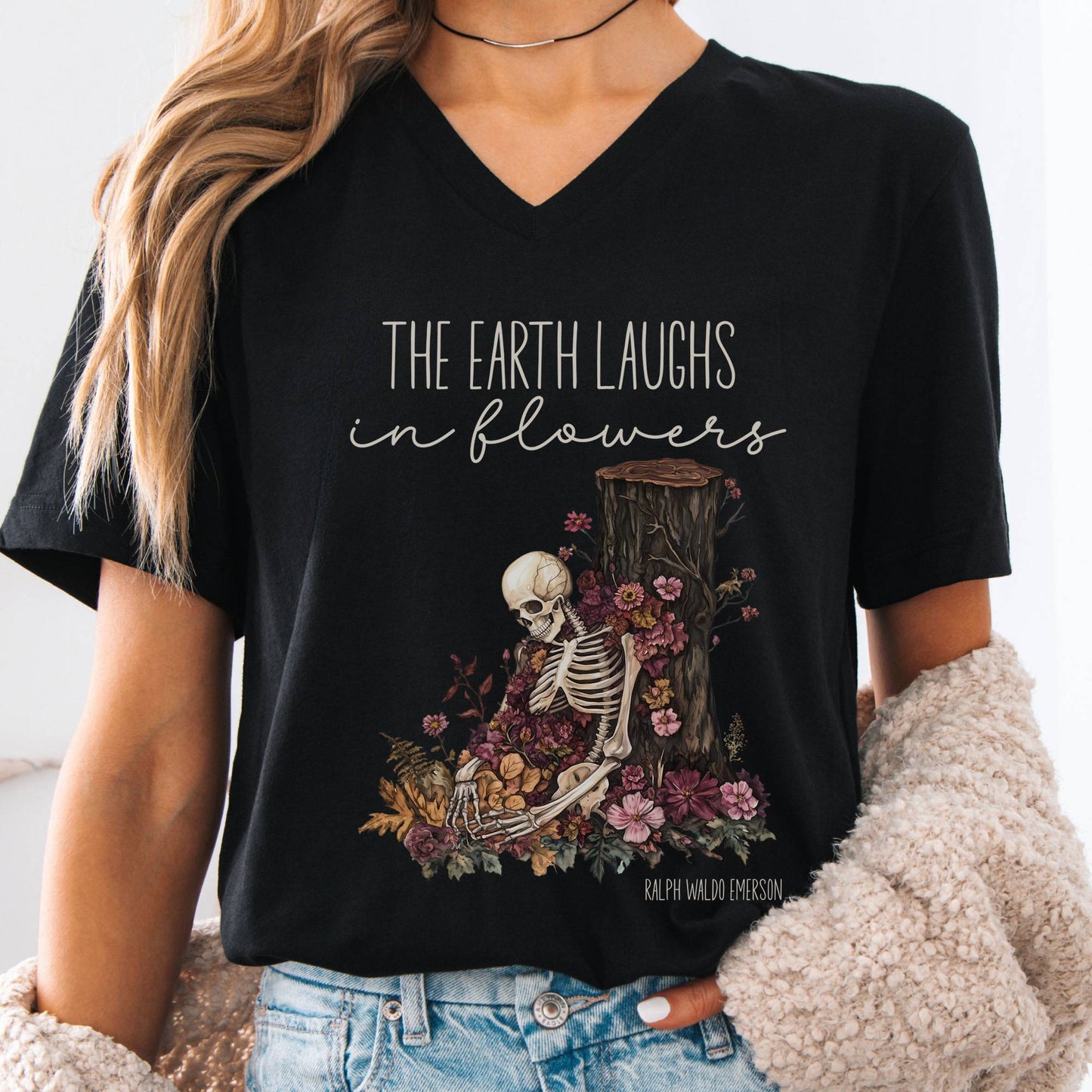 V-neck Black / S The Earth Laughs in Flowers Ralph Waldo Emerson V-neck The Mystic Eden