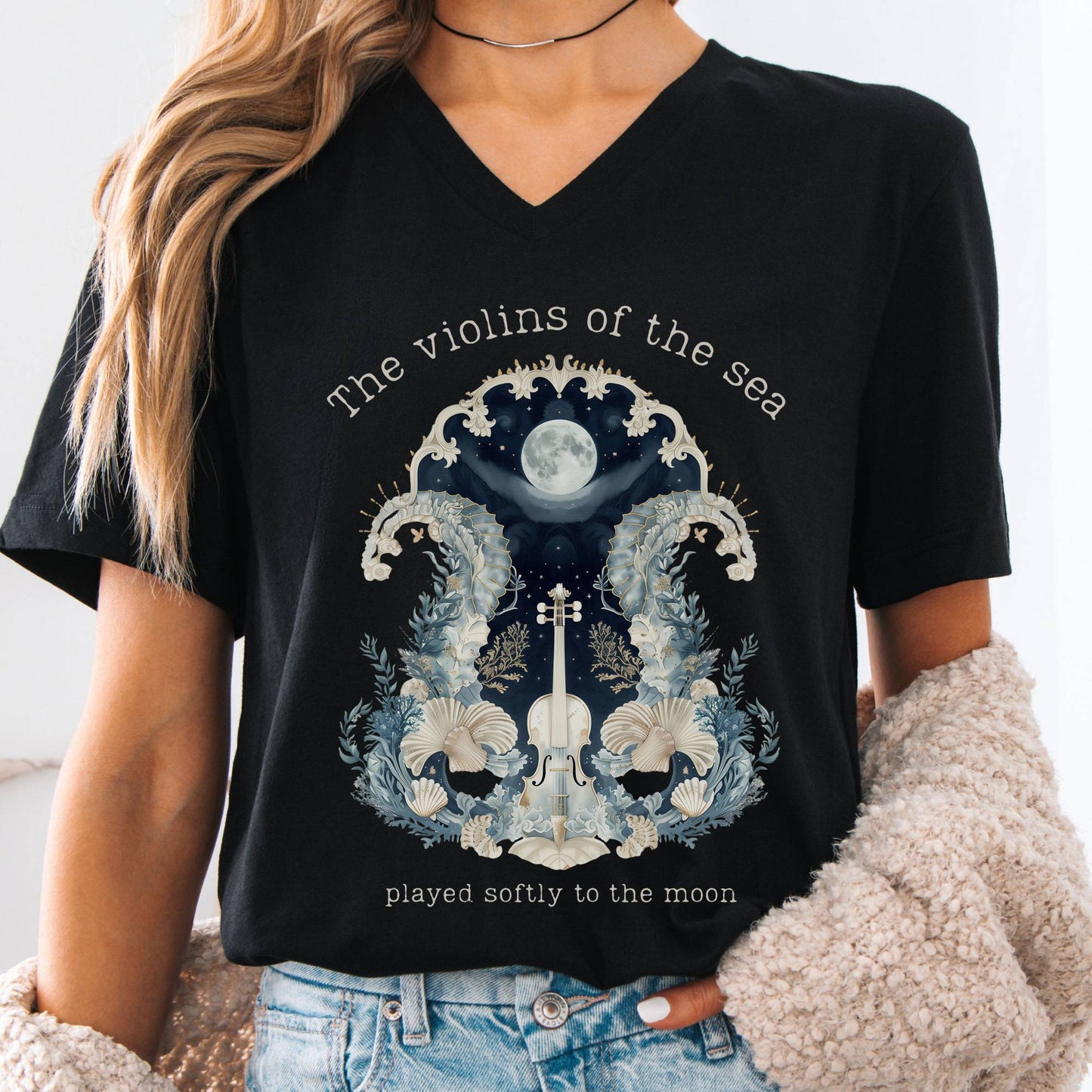 V-neck Black / S The Violins of the Sea Played Softly to the Moon Poetry V-neck The Mystic Eden