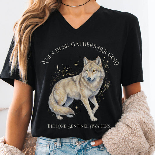 V-neck Black / S When Dusk Gathers Her Gold Mystical Wolf V-Neck The Mystic Eden