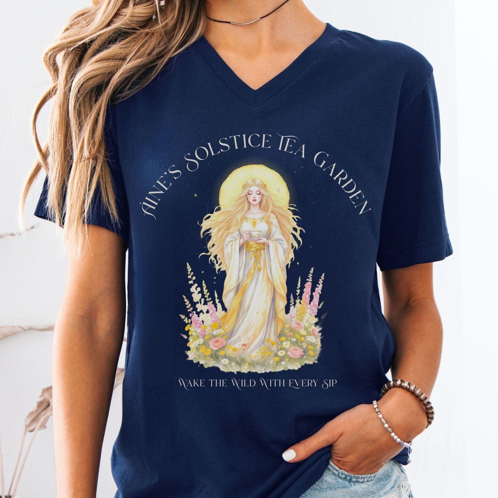 V-neck Navy / S Áine’s Solstice Tea Garden Celtic Goddess V-neck The Mystic Eden