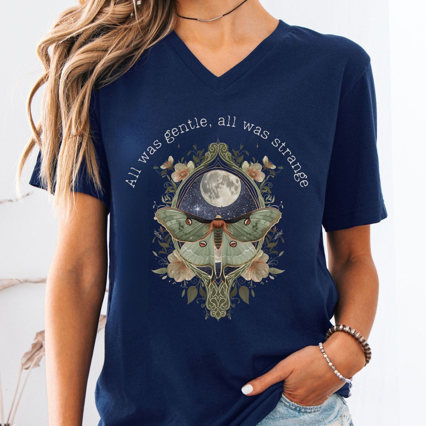 V-neck Navy / S All Was Gentle All Was Strange Edgar Allan Poe V-neck The Mystic Eden