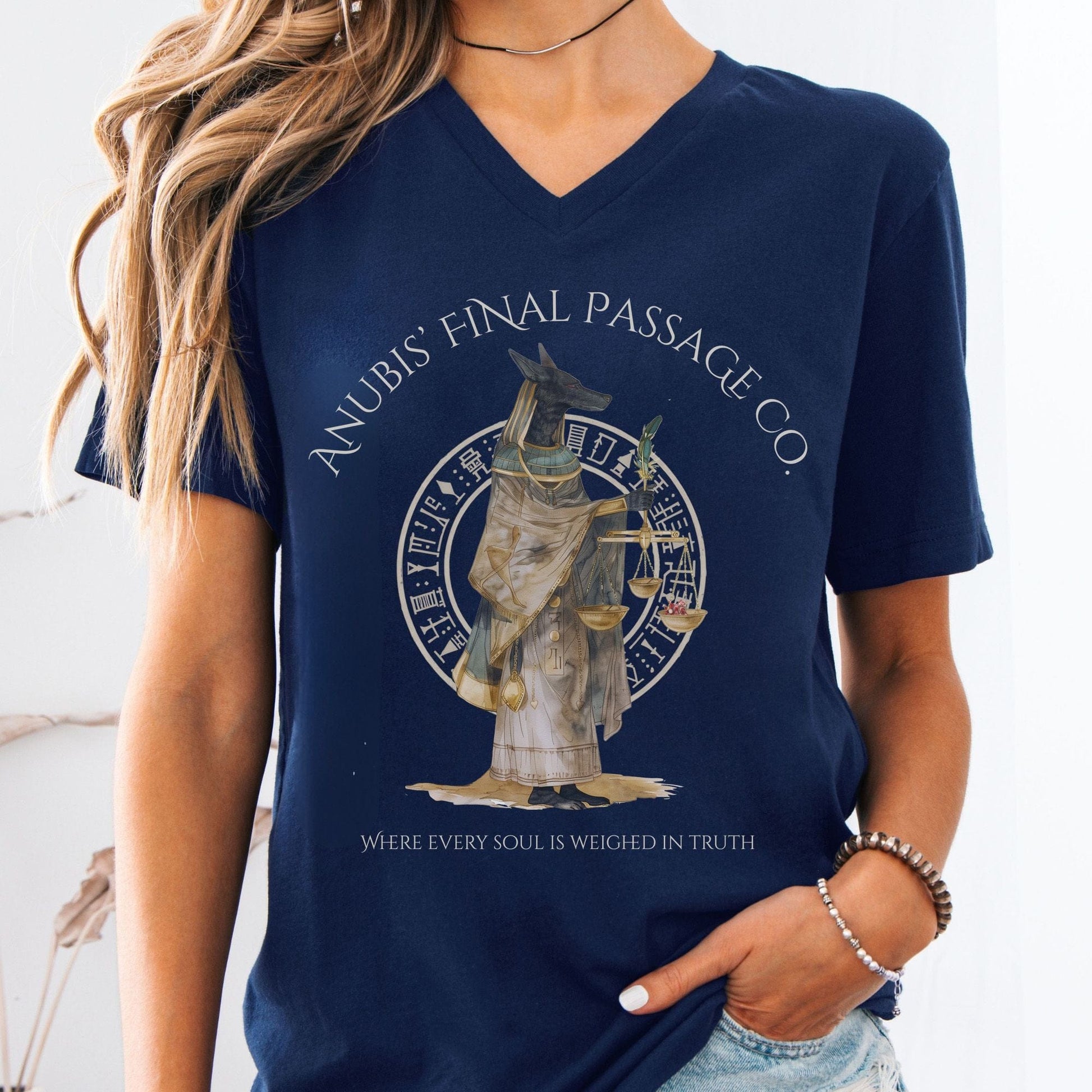 V-neck Navy / S Anubis' Final Passage Co Egyptian Mythology V-neck The Mystic Eden