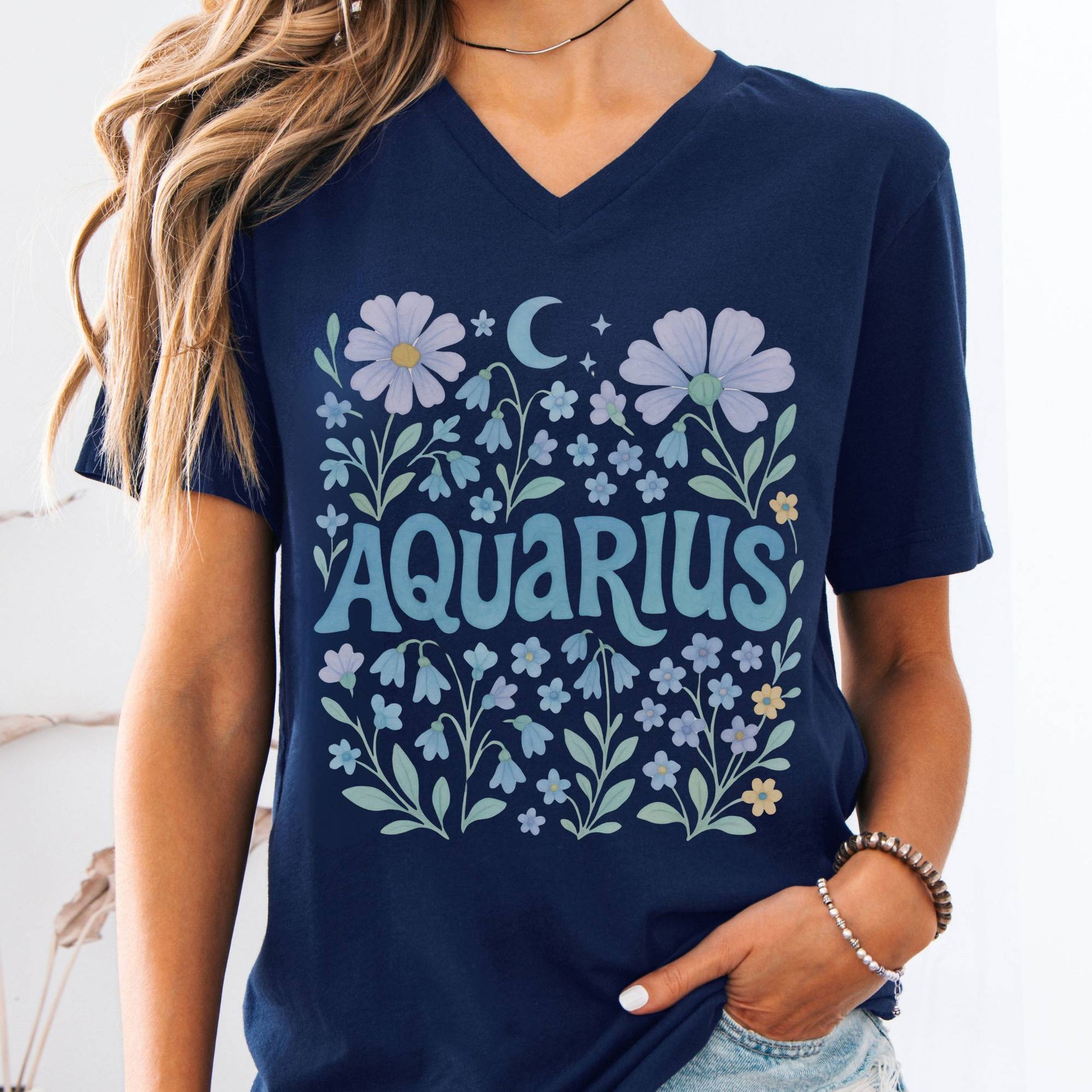 V-neck Navy / S Aquarius V-Neck T-Shirt – Retro Zodiac Floral Tee The Mystic Eden
