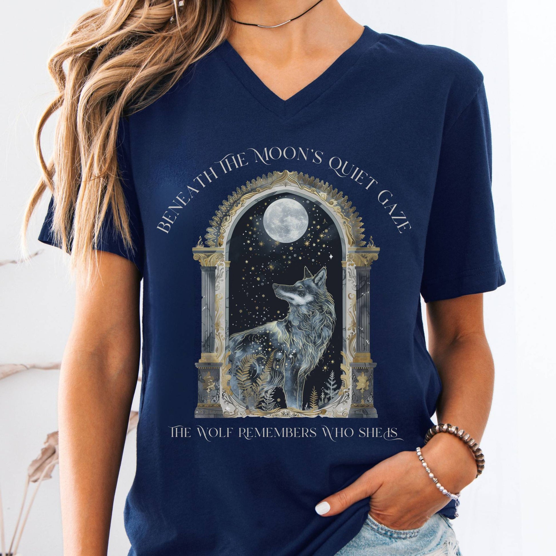 V-neck Navy / S Beneath The Moon The Wolf Remembers Who She Is V-Neck The Mystic Eden