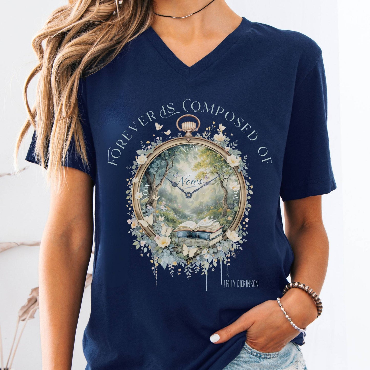V-neck Navy / S Forever Is Composed of Nows Emily Dickinson V-neck The Mystic Eden