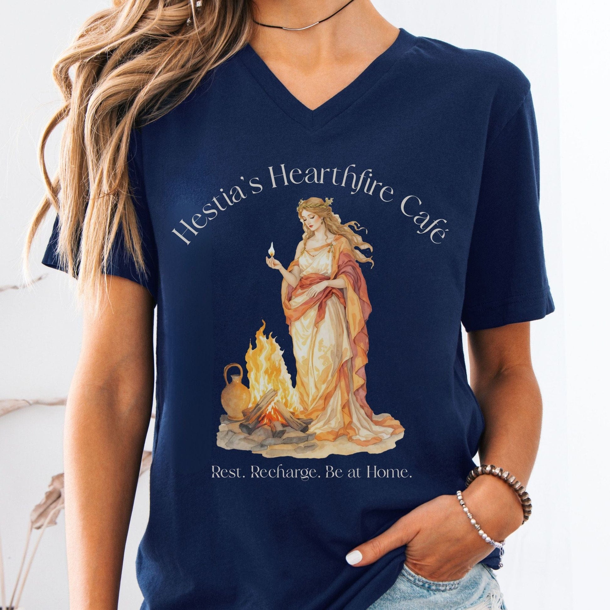 V-neck Navy / S Hestia’s Hearthfire Café Mythology V-neck The Mystic Eden