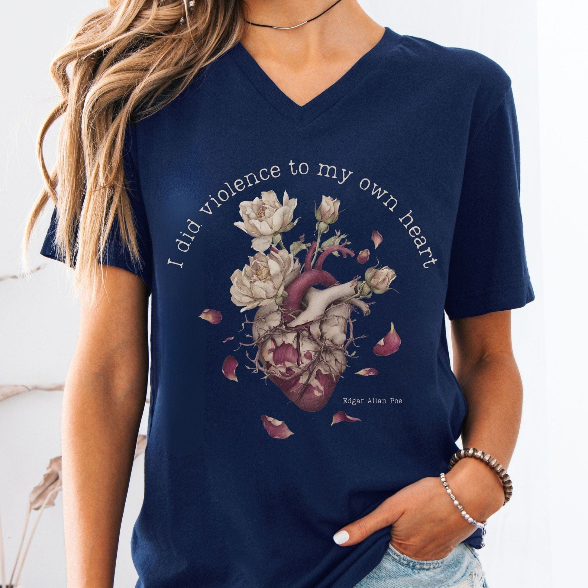 V-neck Navy / S I Did Violence to My Own Heart Edgar Allan Poe V-neck The Mystic Eden