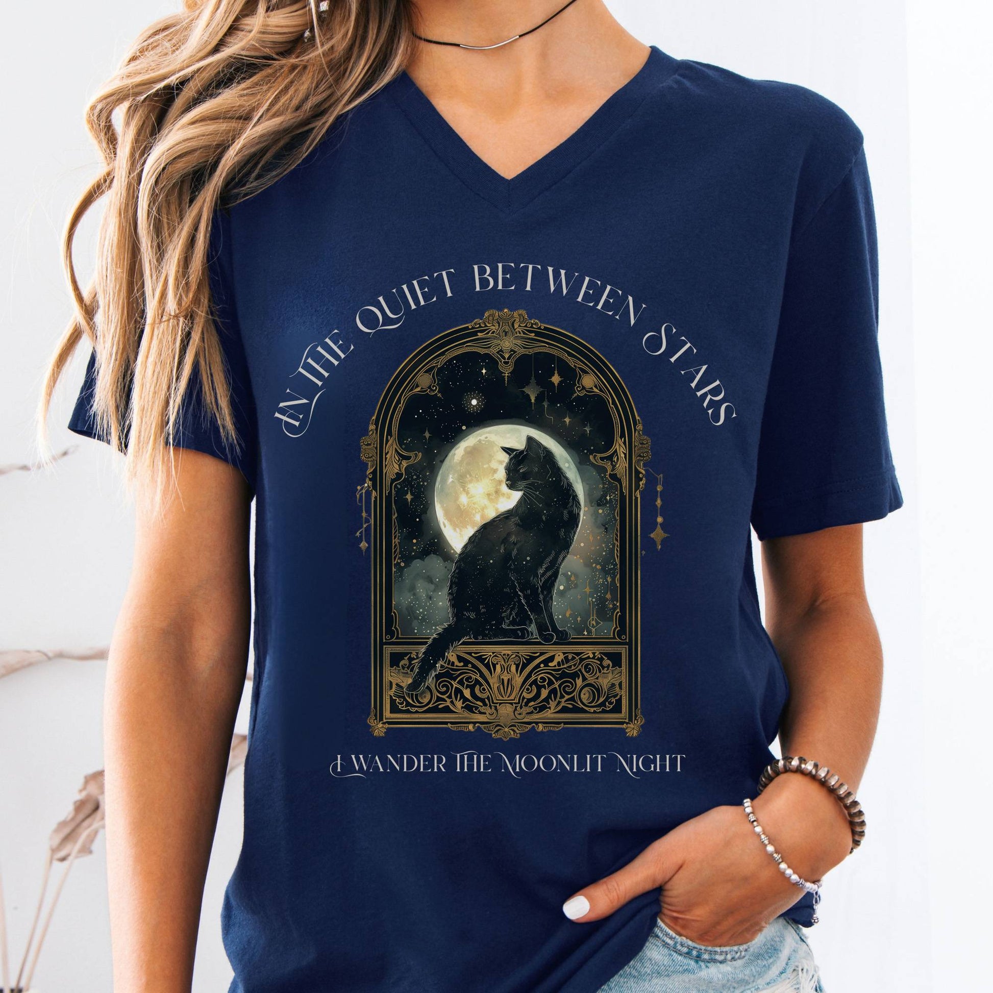 V-neck Navy / S In the Quiet Between Stars Moonlit Cat V-Neck The Mystic Eden