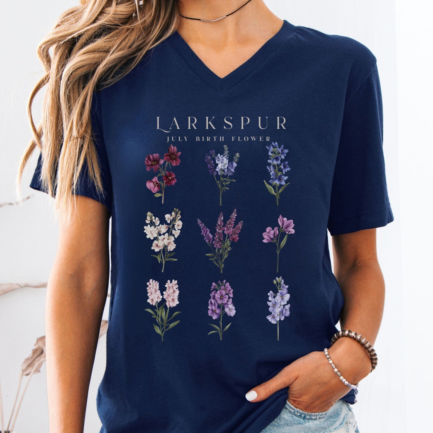 V-neck Navy / S Larkspur July Birth Month Flower V-Neck Tee The Mystic Eden