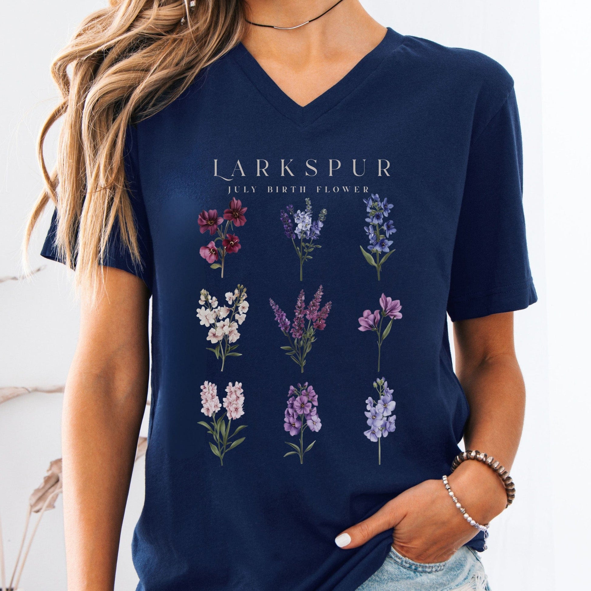 V-neck Navy / S Larkspur July Birth Month Flower V-Neck Tee The Mystic Eden