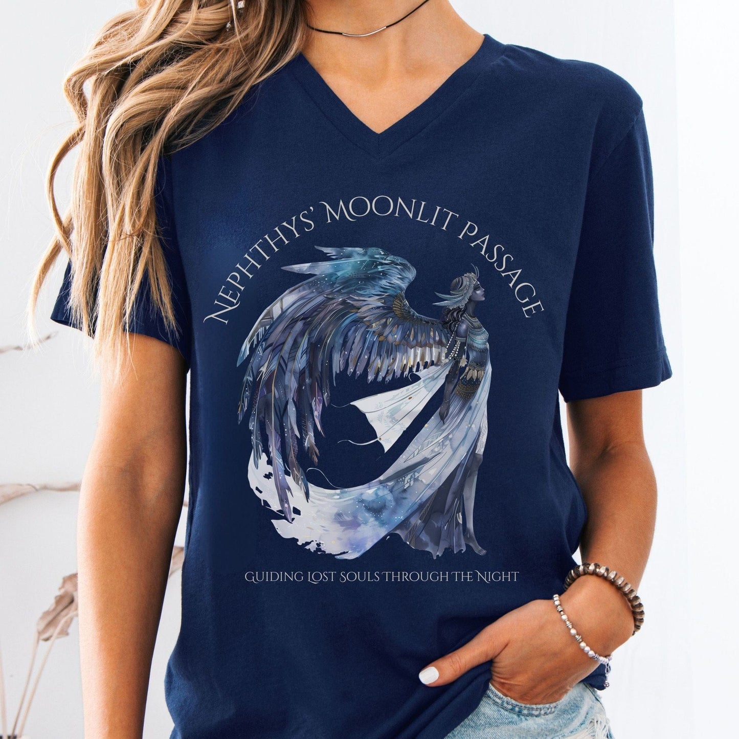 V-neck Navy / S Nephthys' Moonlit Passage Egyptian Mythology V-Neck The Mystic Eden